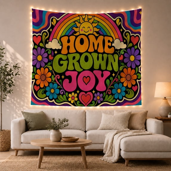 Smiling Sun with Flowers and Rainbow Cheerful Psychedelic for Boho Decor Lovers Groovy Wall Art Housewarming Gift Tapestry Wall Hanging for Bedroom and Dorm