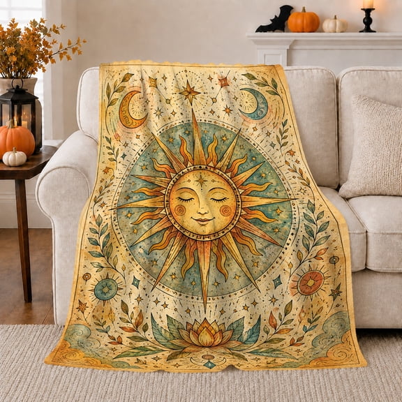 Smiling Sun with Moon Phases and Flowers, Dreamy Celestial Style for Sun Lovers, Botanical Solar Chart Motif and Housewarming Gift, Soft Flannel Blanket for Bedroom and Reading Nook, Home Decor
