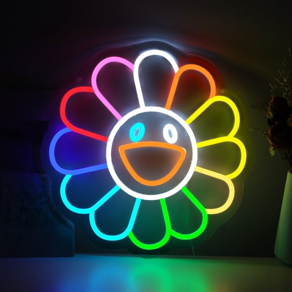 Smiling Sunflower Neon Sign for Wall Decor, Takashi Murakami Sunflower LED Neon Wall Art for Room Decor Aesthetic, Cute Rainbow Flower Inspirational Positive Gifts for Friends, 13"x13"