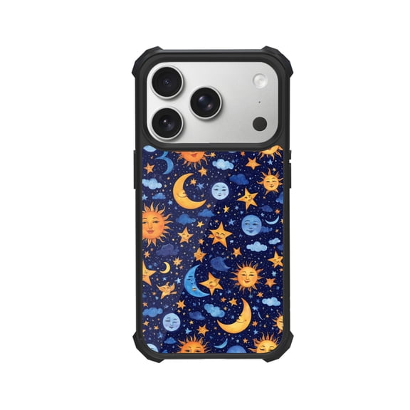 Smiling Suns, Moon, Stars, And Clouds Shockproof Case For iPhone 12 13 14 15 16 Pro Max Series – TPU Bumper + Hard PC Back, Air-Cushion Corners