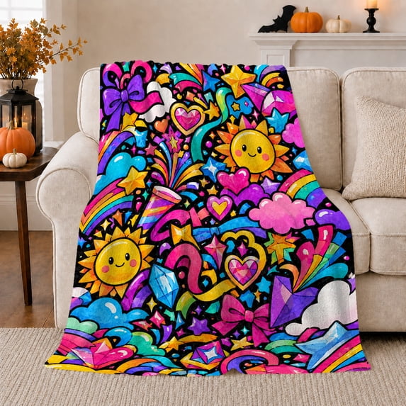 Smiling Suns Rainbows Stars Clouds and Heart Gems Art, Cozy Flannel Blanket, Home Decor for Teen Girls, Bedroom and Dorm, Birthday Gift, Bright Kawaii Graffiti Pattern