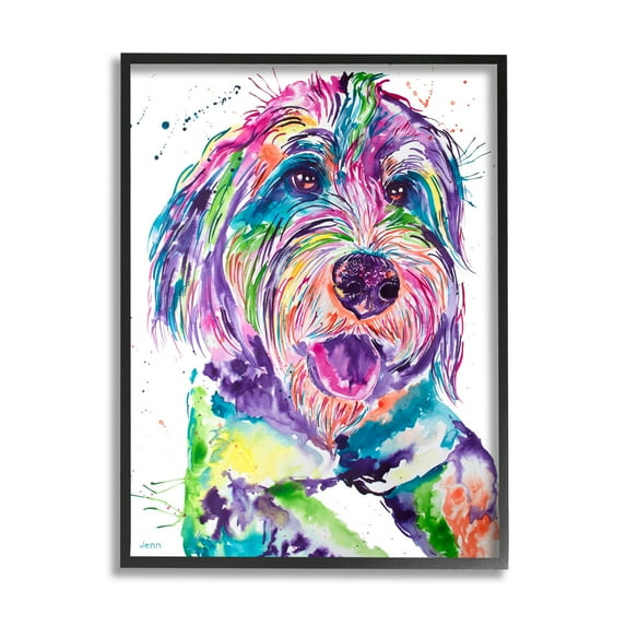 Smiling Terrier Modern Vivid Dog Animals & Insects Graphic Art Black Framed Art Print Wall Art