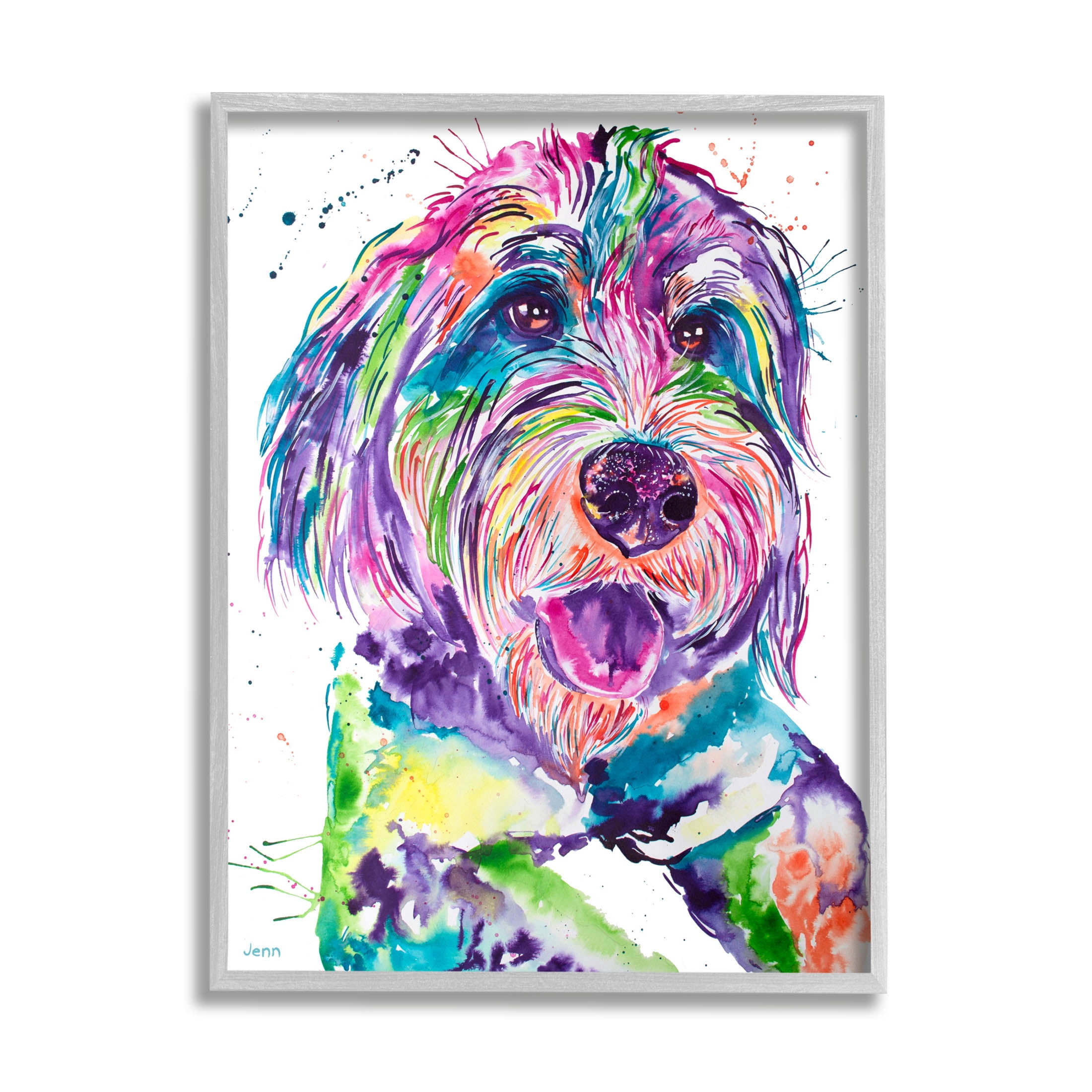 Smiling Terrier Modern Vivid Dog Animals & Insects Graphic Art Gray Framed Art Print Wall Art