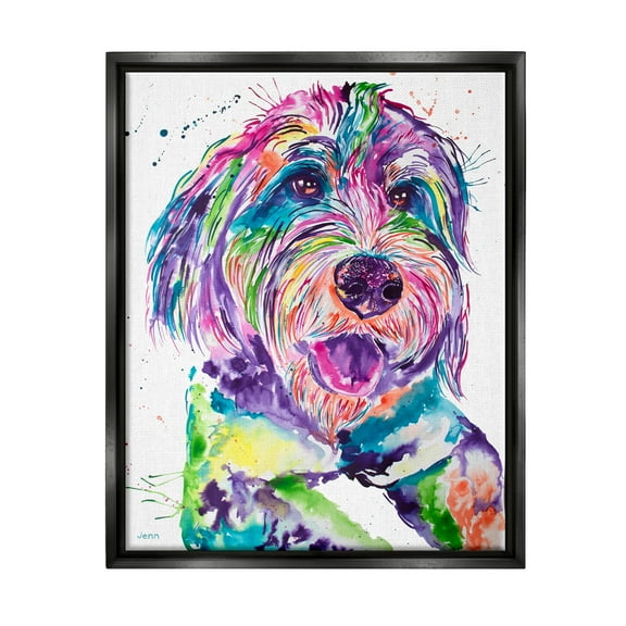 Smiling Terrier Modern Vivid Dog Animals & Insects Graphic Art Jet Black Framed Art Print Wall Art