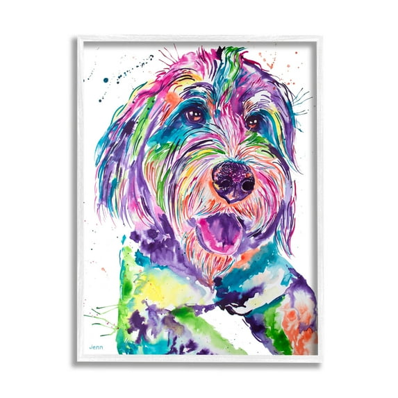 Smiling Terrier Modern Vivid Dog Animals & Insects Graphic Art White Framed Art Print Wall Art