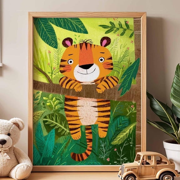 Smiling Tiger Nursery Poster Jungle Animal Wall Art for Kids Room Playful Safari Baby Shower Gift Bright Playroom Decor Print