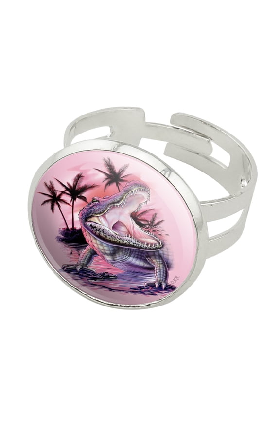Smiling Tropical Alligator Palm Trees Silver Plated Adjustable Novelty Ring