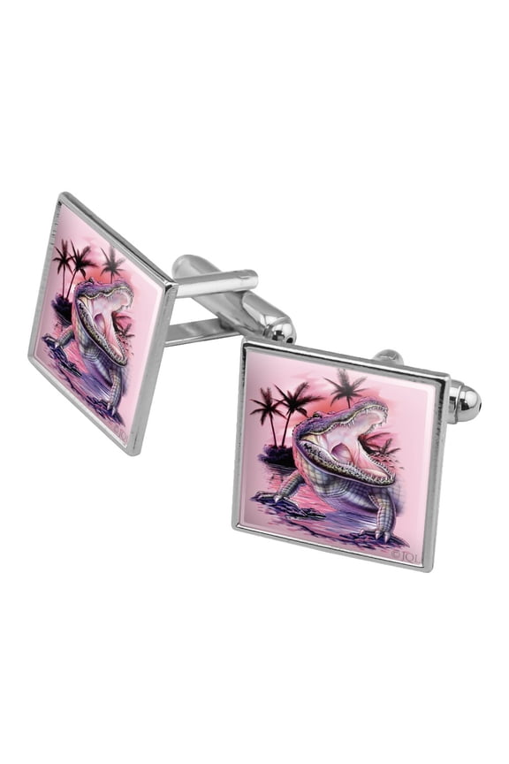 Smiling Tropical Alligator Palm Trees Square Cufflink Set - Silver or Gold