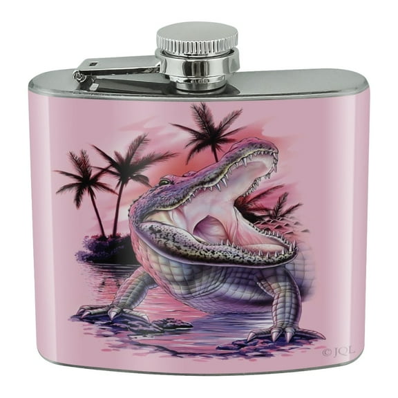 Smiling Tropical Alligator Palm Trees Stainless Steel 5oz Hip Drink Kidney Flask