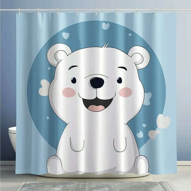 Smiling White Bear Cartoon Shower Curtain Pastel Blue Background Cute