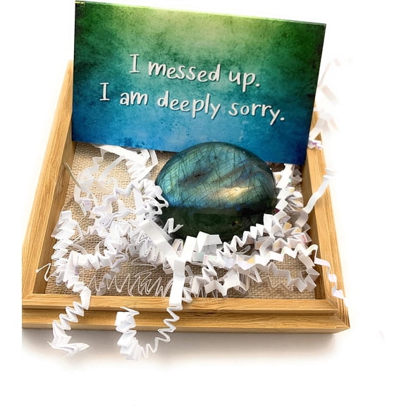 Smiling Wisdom - I'm Sorry Greeting Card - Light Humored Yet Effective Apology Card With Beautiful Labradorite - Palm Keepsake - Blue