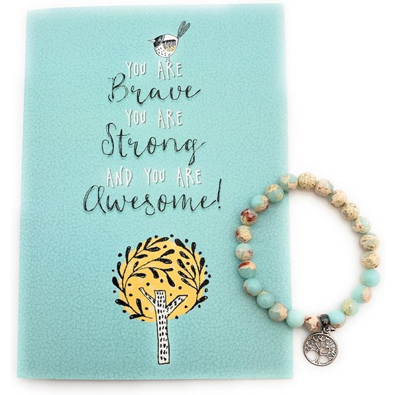 Smiling Wisdom You Are Brave Strong Awesome Encouraging Greeting Card and Tree Charm Blue Stretch Stone Bracelet Gift Set for Women