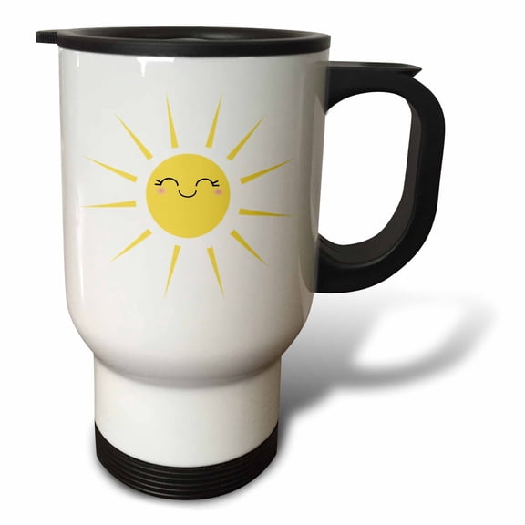 3dRose, Smiling happy sun - cute kawaii yellow sunny smiling face - summery sunshine on white - sweet summer, 14oz Stainless Steel Travel Mug