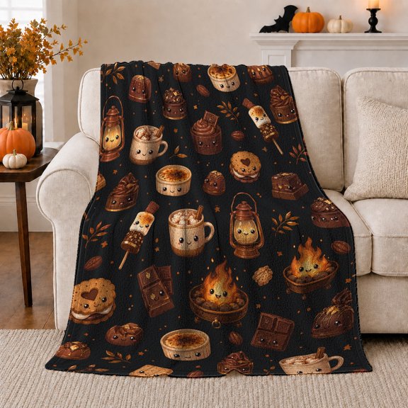 Smiling hot chocolate confection illustrations Lanterns And Small Campfires, Soft Flannel Blanket with Cozy Kawaii Illustration Print, Housewarming Gift and Home Decor for Bedroom and Living Room