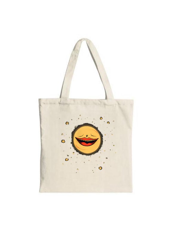 Smiling sun design tote bag with vibrant yellow and orange dots perfect for shopping travel and parties Durable canvas with two handles