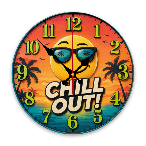 Smiling sun with sunglasses and palm trees Design 10 inch Round Wooden Wall Clock, Silent, Excellent for Dormitory, Apartment, Entryway, Modern Decor, Halloween, Christmas, Wooden Frame Batte