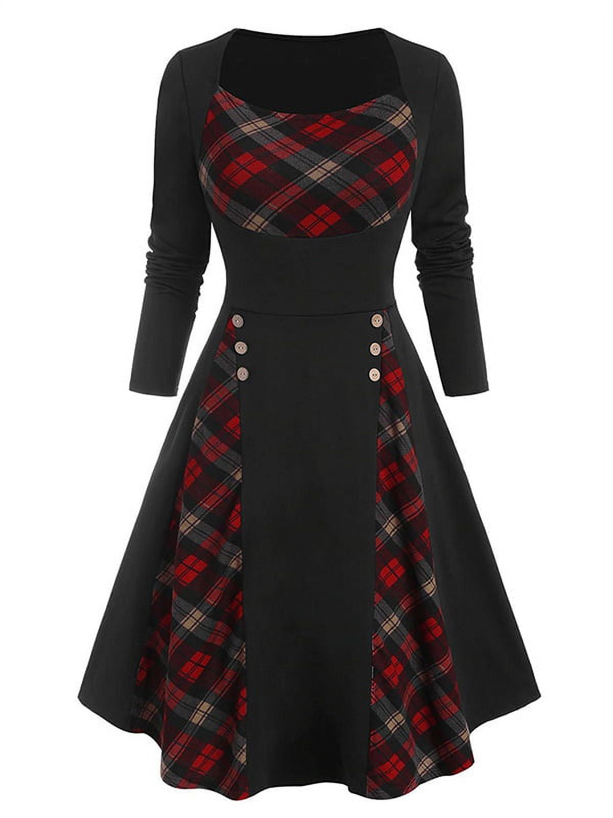 Smilkoo Christmas Plaid Dress Long Sleeve Fashionable Stitching Square Neck  Check Print Casual Waist Dress - Walmart.com