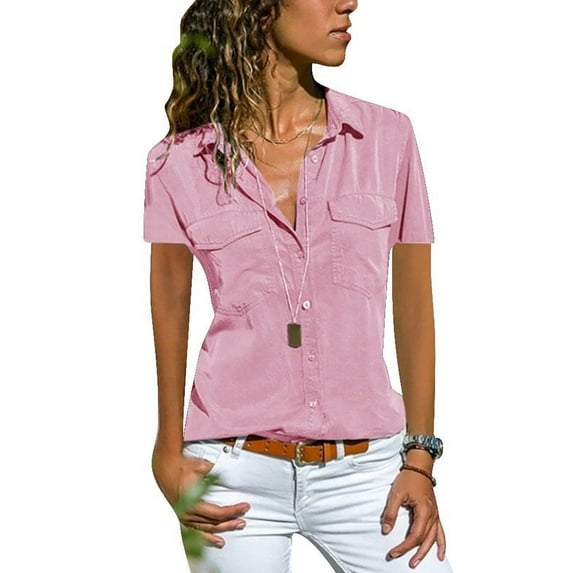 Smilkoo Ladies Pocket Casual Solid Short Sleeve Top Women's Collared T-Shirt