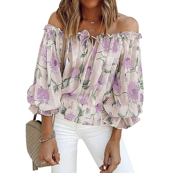 Smilkoo Sexy Off-The-shoulder Floral Print Elegant 3/4 Sleeve Chiffon T-Shirt Tops
