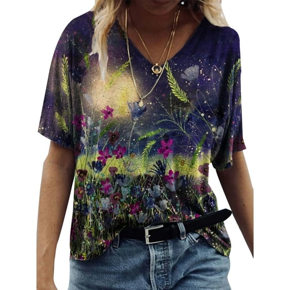 Smilkoo Summer New Short Sleeve V-Neck Floral Print Casual Soft Fashiobable T-Shirt Top