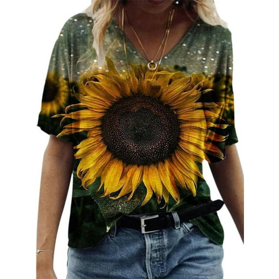 Smilkoo Summer New Short Sleeve V-Neck Floral Print Casual Soft Fashiobable T-Shirt Top