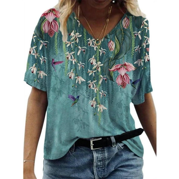 Smilkoo Summer New Short Sleeve V-Neck Floral Print Casual Soft Fashiobable T-Shirt Top