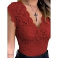 thumbnail image 1 of Smilkoo Women Sexy Fashionable Short Sleeve V-Neck Pure Color Lace Slim T-Shirt, 1 of 2