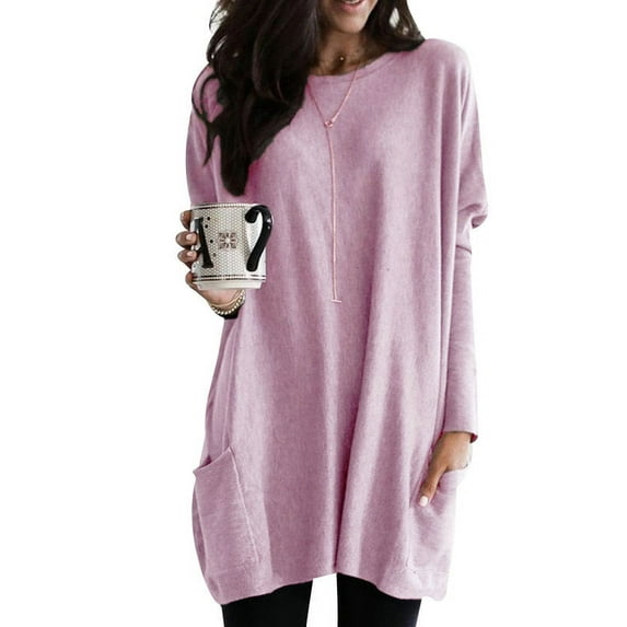 Smilkoo Women Size S-5XL Top Ribbed Cuffs Patch Pockets Solid Color Long Sleeve Loose Casual Blouse T-Shirt