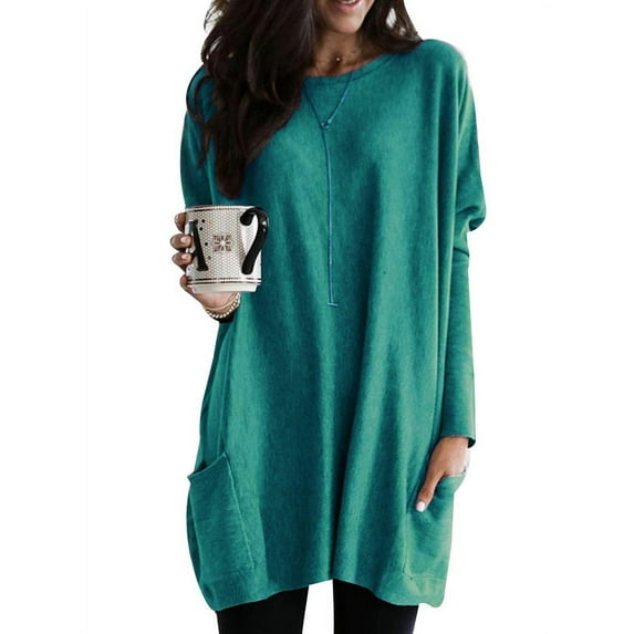 Smilkoo Women Size S-5XL Top Ribbed Cuffs Patch Pockets Solid Color Long Sleeve Loose Casual Blouse T-Shirt