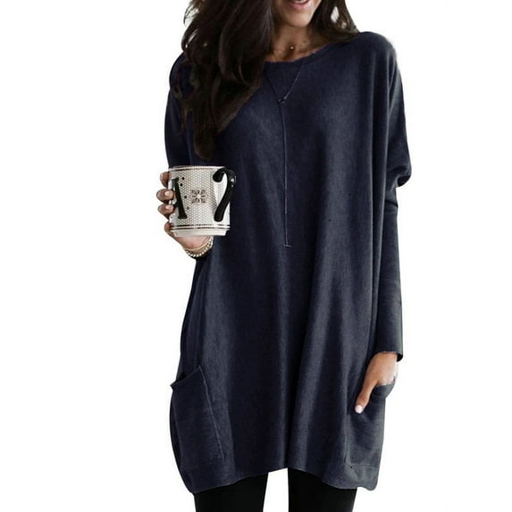 Smilkoo Women Size S-5XL Top Ribbed Cuffs Patch Pockets Solid Color Long Sleeve Loose Casual Blouse T-Shirt