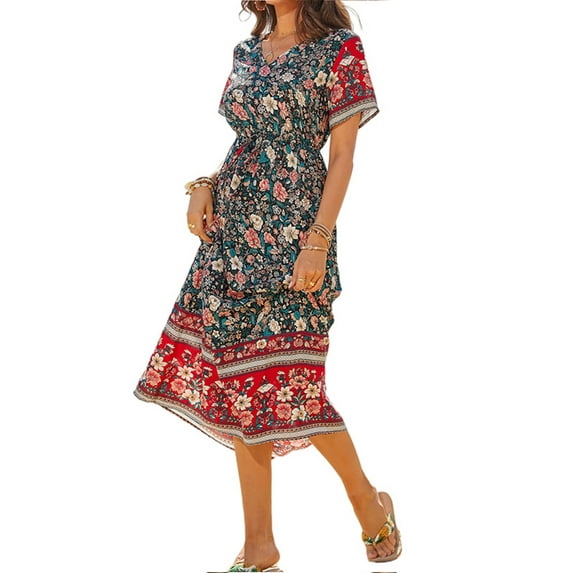 Smilkoo Women's Vocation Bohemian Floral Print Short Sleeve V-Neck Midi Length Dress