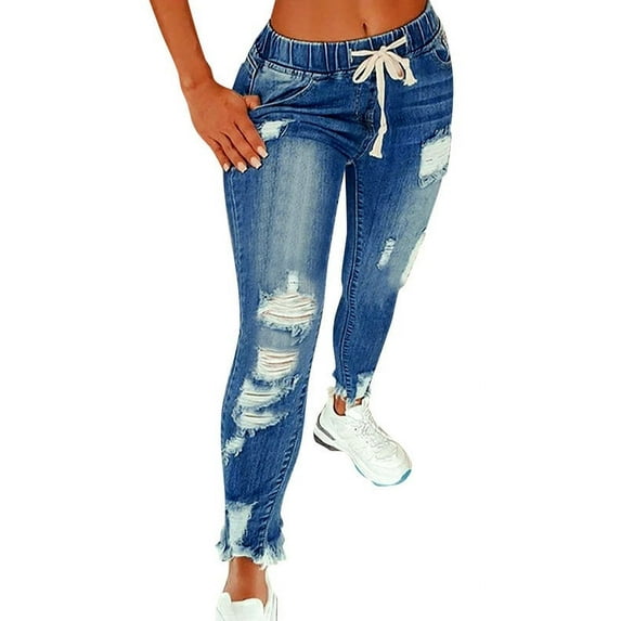 Smilkoo Womens Size S-3XL Workpalce Solid Color Drawstring Skinny Casual Ripped Denim Jeans