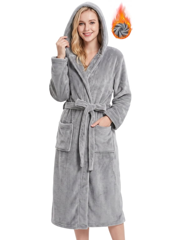 Robes for Women, Long Length Hooded Soft Fleece Bathrobe Winter Plush Sleepwear Womens Robes with Pockets & Waist Belt