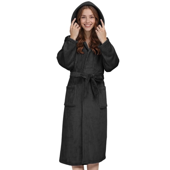 Smilooen Warm Robes for Women Hooded Soft Fluffy Bathrobe, Women’s Winter Plush Robes (Black)
