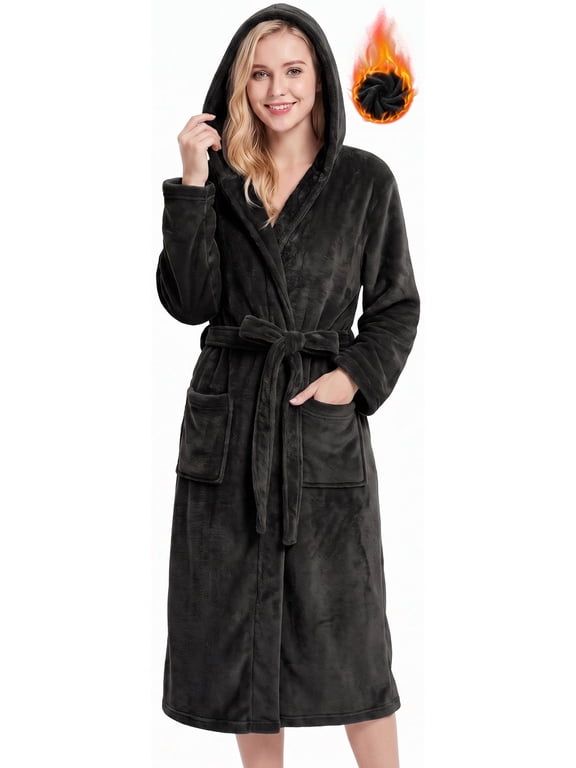 Robes for Women, Long Length Hooded Soft Fleece Bathrobe Winter Plush Sleepwear Womens Robes with Pockets & Waist Belt