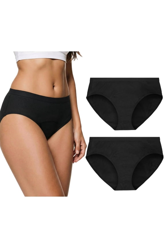 2 Packs Period Brief Underwear for Women Postpartum Leak Proof Menstrual Breathable Ladies Panties Black, Size S-2XL