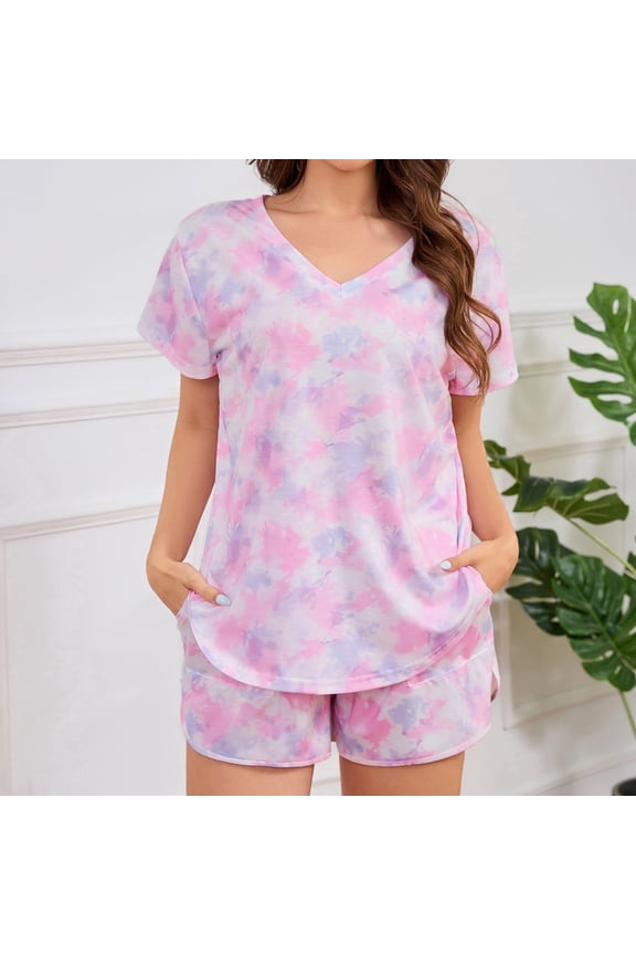 Tie Dye Womens Pajama Sets Short Sleeve 2 Piece PJ Sets Women Summer Loungewear with Pockets, S-2XL