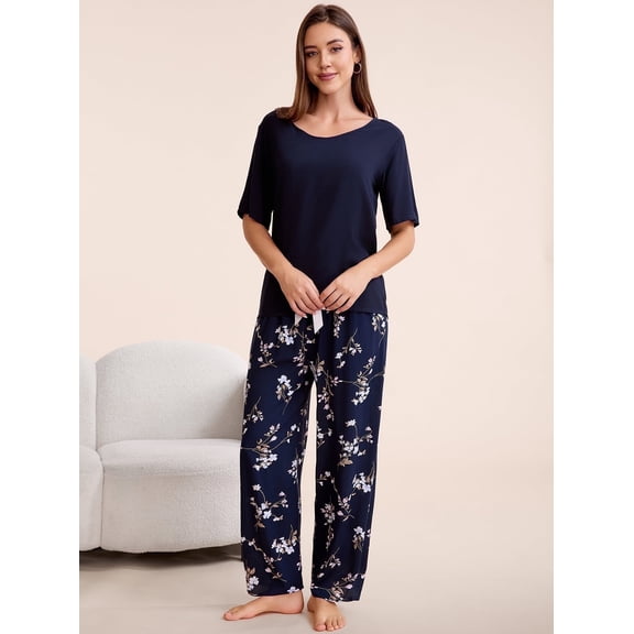 Smilooen Lounge Set for Women 2 Piece Outfits Short Sleeve Round Neck Pjs Sleepwear,S-2XL