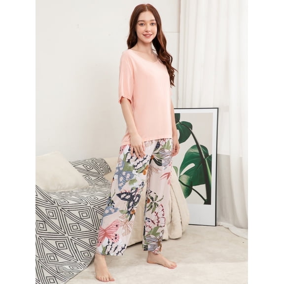 Smilooen Lounge Set for Women 2 Piece Outfits Short Sleeve Round Neck Pjs Sleepwear,S-2XL