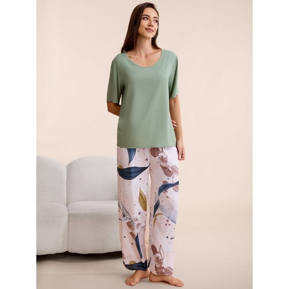 Smilooen Lounge Set for Women 2 Piece Outfits Short Sleeve Round Neck Pjs Sleepwear,S-2XL