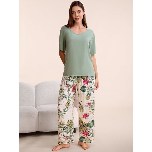 Smilooen Lounge Set for Women 2 Piece Outfits Short Sleeve Round Neck Pjs Sleepwear,S-2XL