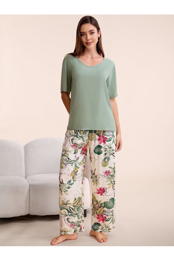 Lounge Set for Women 2 Piece Outfits Short Sleeve Round Neck Pjs Sleepwear,S-2XL