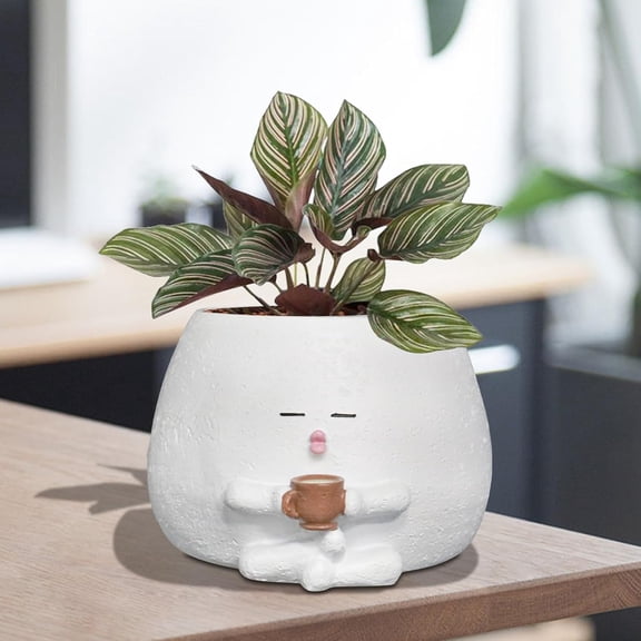 Smily Face Planter Pot with Coffee Cup Cute Resin Flower Head Planters for Indoor Outdoor Unique Sit Succulent Pots with Drainage Hole Gift IdeaI for Mother Christmas (White)