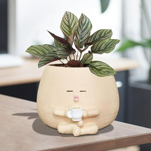 Smily Face Planter Pot with Coffee Cup Cute Resin Flower Head Planters for Indoor Outdoor Unique Sit Succulent Pots with Drainage Hole Gift IdeaI for Mother Christmas (Khaki)
