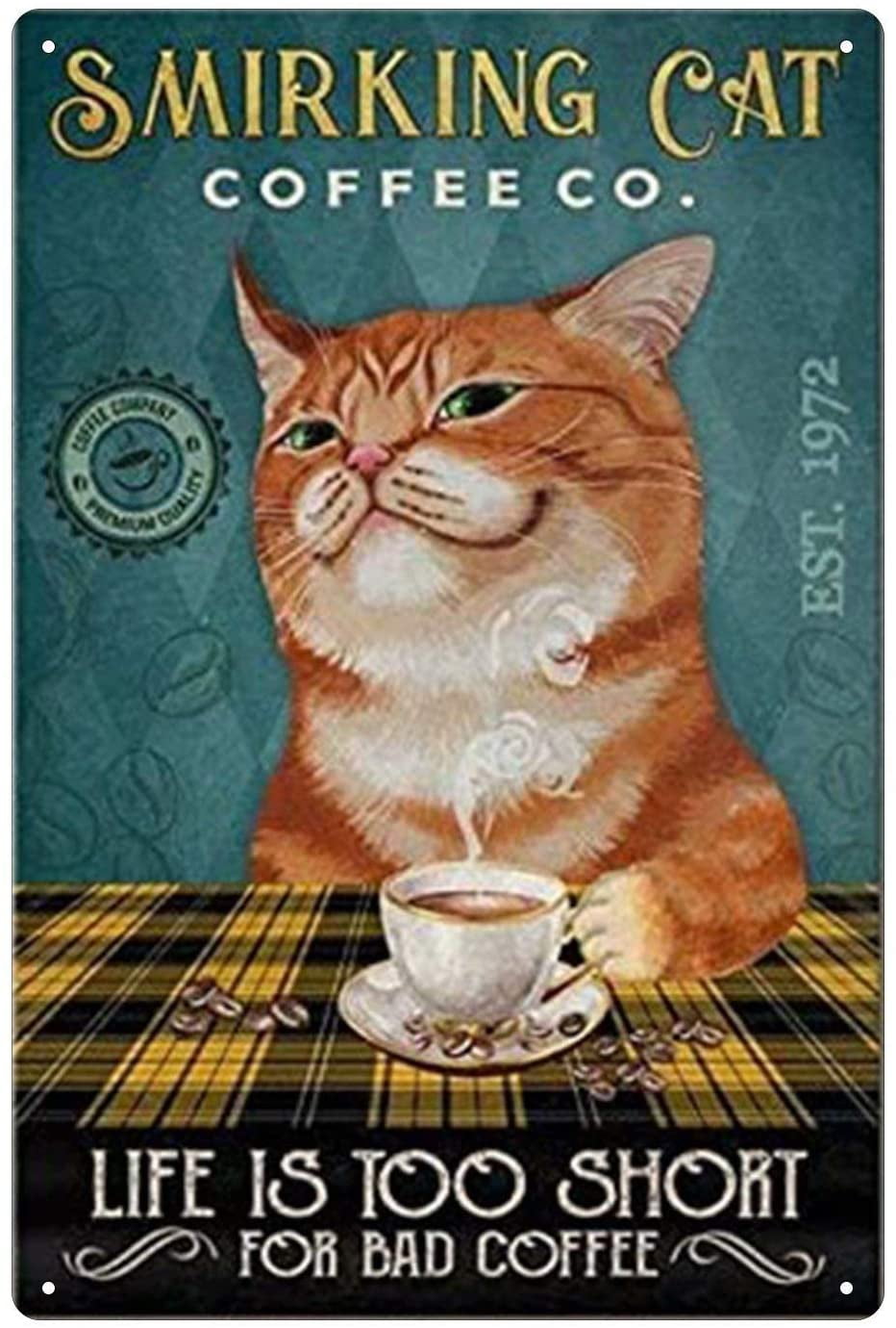 Smirking Cat Vintage Metal Coffee Sign Decor