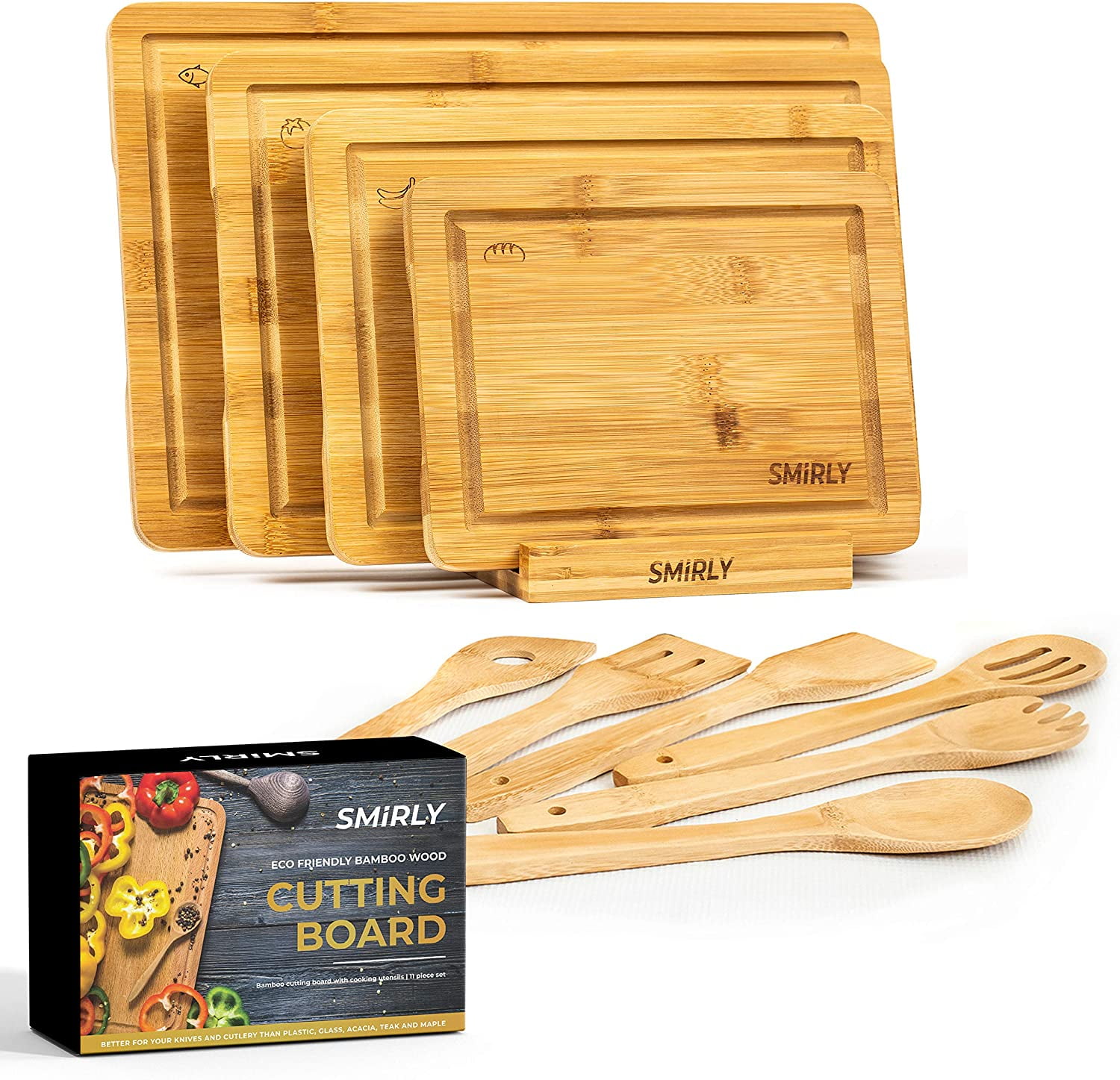 Smirly Bamboo Cutting Board for Kitchen Set of 4 Butcher Block Wood