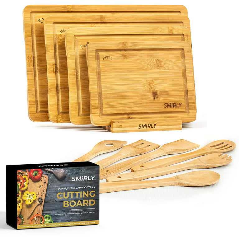 Smirly Bamboo Cutting Boards for Kitchen - Bamboo Cutting Board Set & Bamboo Cooking Utensils, Wood Chopping Board Set with Organizer First Apartment