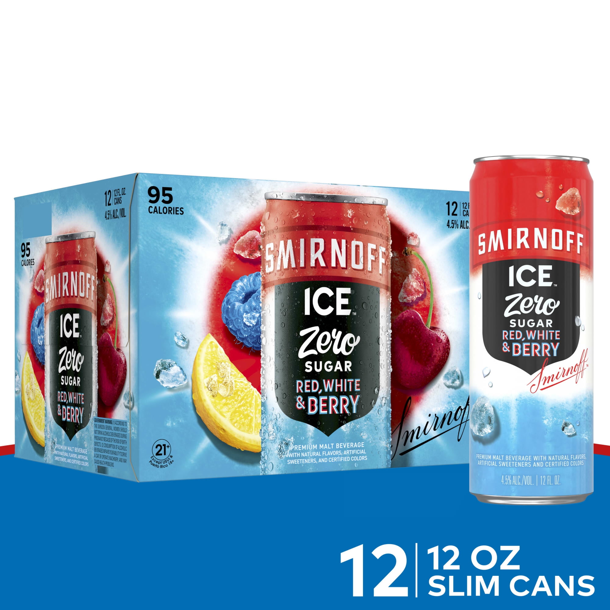 Smirnoff Ice Zero Sugar Red White & Berry Malt Beverage, 12 fl oz, 12