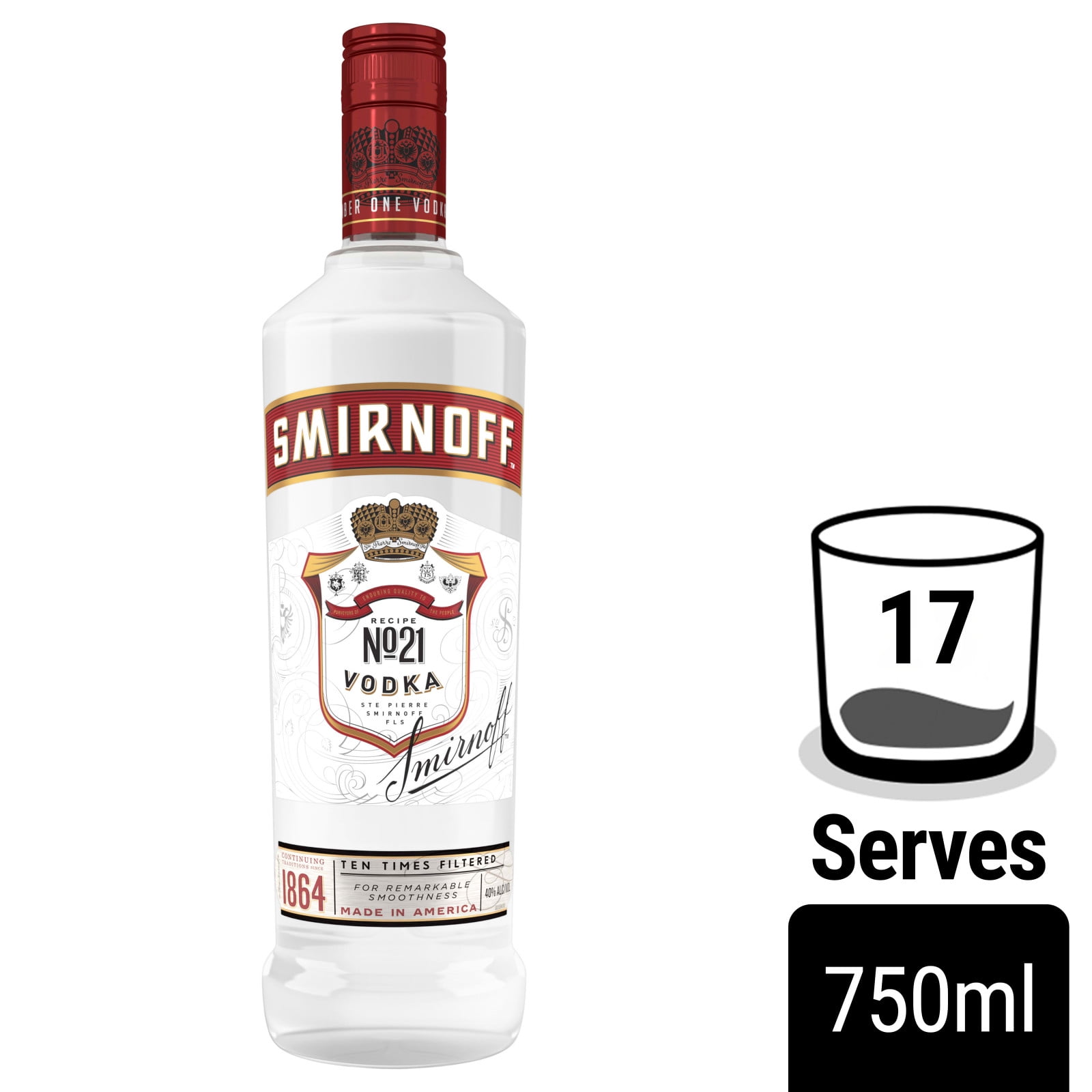 Smirnoff No. 21 80 Proof Vodka, 750 mL Glass Bottle, 40% ABV