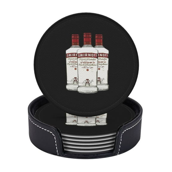 Smirnoff Vodka Alcohol Glass Bottle Leather Coasters With Leather Holder Set Of 6 Round Coasters for Home and Kitchen Decor